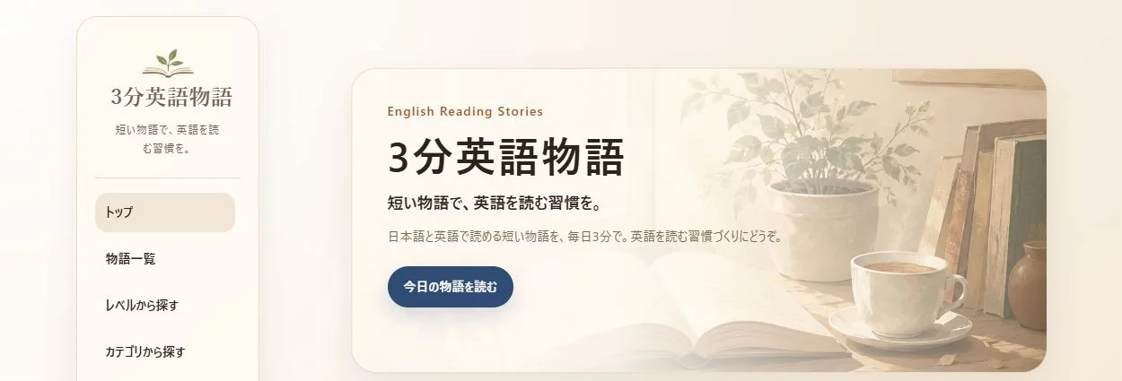 3分英語物語のトップページ。短い物語を日本語と英語で読む学習サイト。